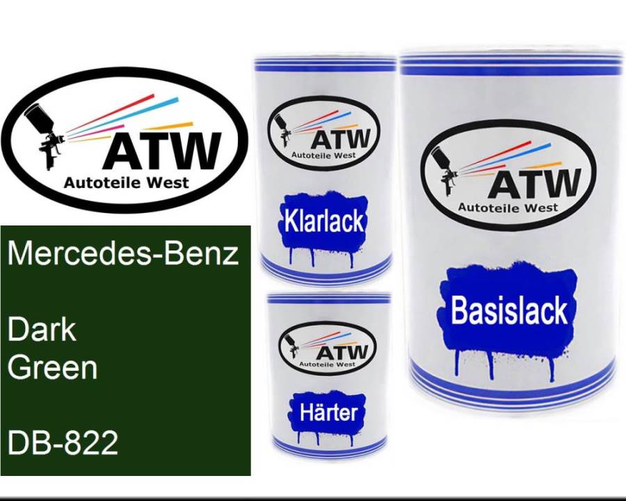 Mercedes-Benz, Dark Green, DB-822: 500ml Lackdose + 500ml Klarlack + 250ml Härter - Set, von ATW Autoteile West.